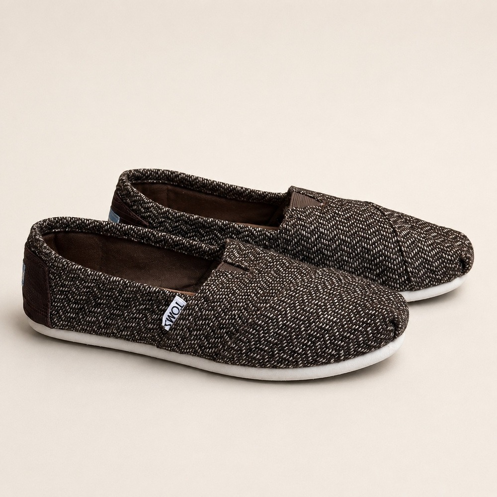 TOMS Brown Herringbone Alpargata Slip-On Flats 6.5 W Preppy Espradille Boho